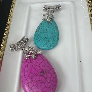 #5 Silver-Tone Turquoise & Fuchsia Teardrop Pendant Necklace - Women Jewelry